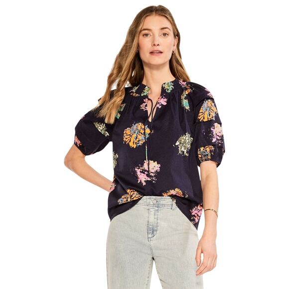 Nic + Zoe Indigo Floral Puff Sleeve Blouse PS Petite Small NWT - Picture 1 of 8